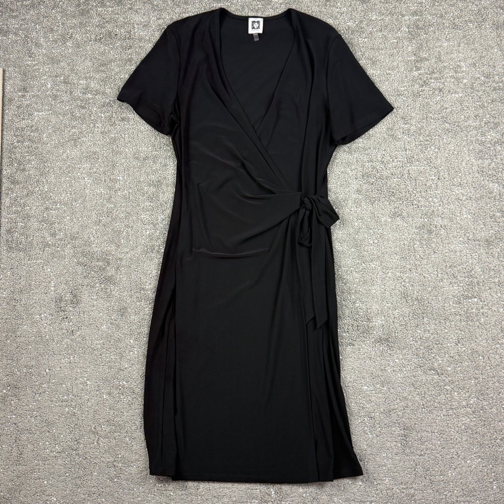Anne Klein Wrap Dress Women 10 Black Short Sleeve V-Neck Faux-Wrap Tie Waist